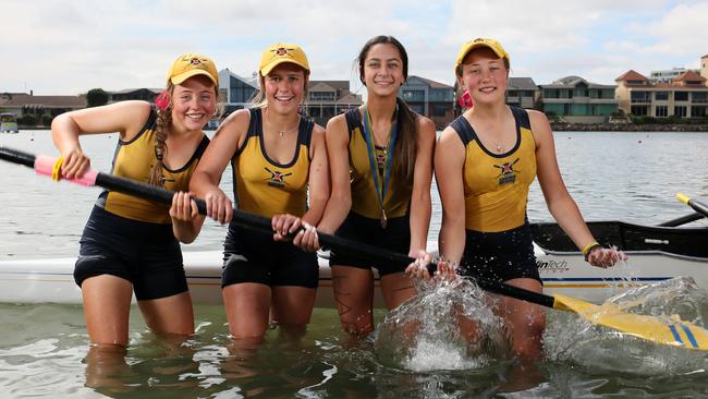 Scotch rowers at the 2019 Head of the River. (L-R) Lulu Colgrave, Grace Shearer, Marie Pechellis and Imogeone Mon. Picture: Emma Brasier