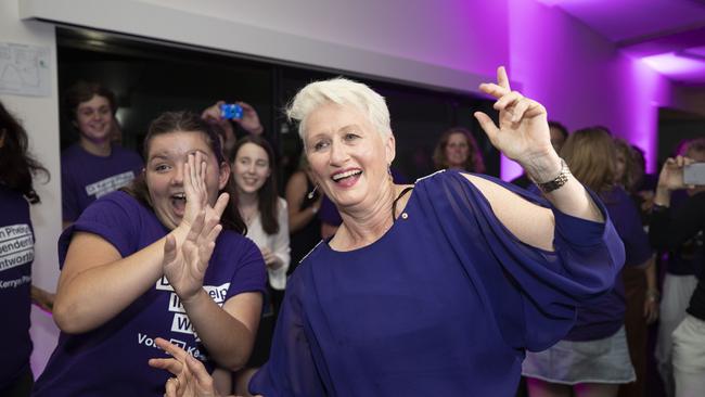 SYDNEY, AUSTRALIA - OCTOBER 20:  Independent candidate, Dr Kerryn Phelps dances and celebrates winning the seat of Wentworth at the North Bondi Surf Lifesaving Club on October 20, 2018 in Sydney, Australia. Despite traditionally being a blue ribbon Liberal seat, Independent candidate Kerryn Phelps is considered a strong chance to beat Liberal candidate Dave Sharma. A loss for the Liberal party will put the Coalition into a minority government, and be one of the biggest by-election losses in history. The by-election was triggered after Malcolm Turnbull resigned from parliament following his defeat as Prime Minister in August.  (Photo by Cole Bennetts/Getty Images)