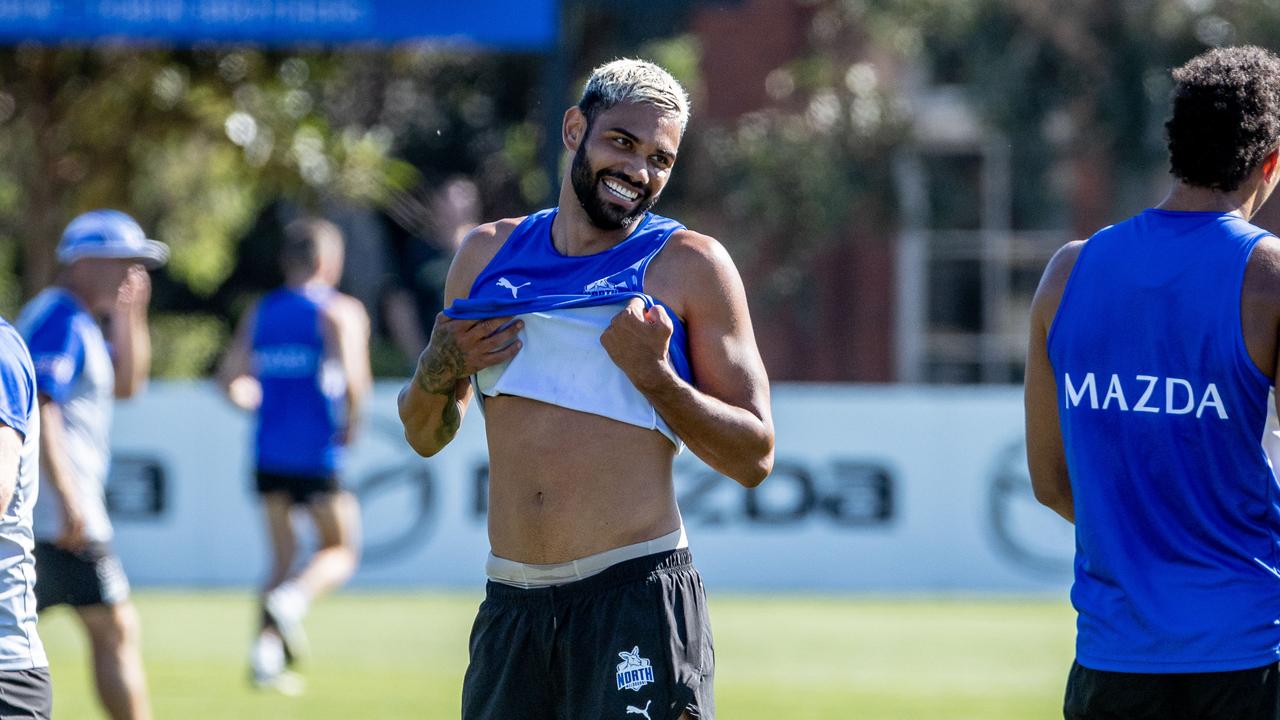 Tarryn Thomas at North Melbourne training on Wednesday. Picture: Jake Nowakowski