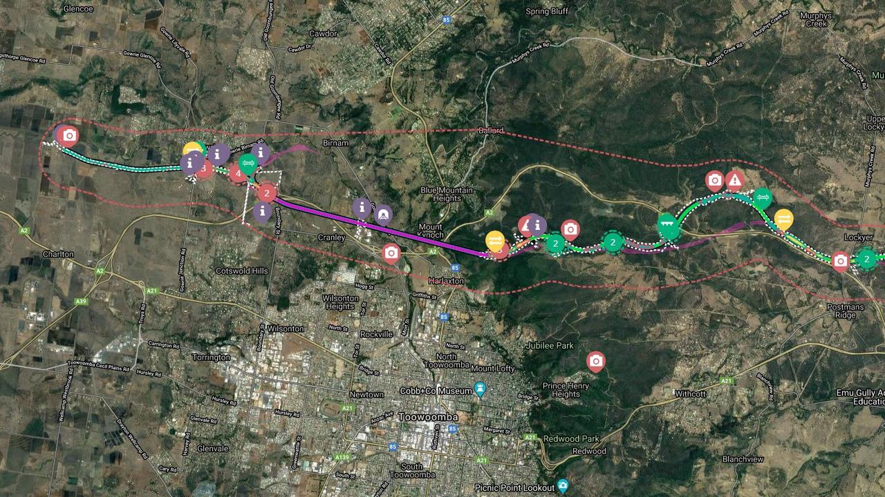 A map of the planned route of the Gowrie to Helidon section of the Inland Rail project. Photo: Inland Rail.