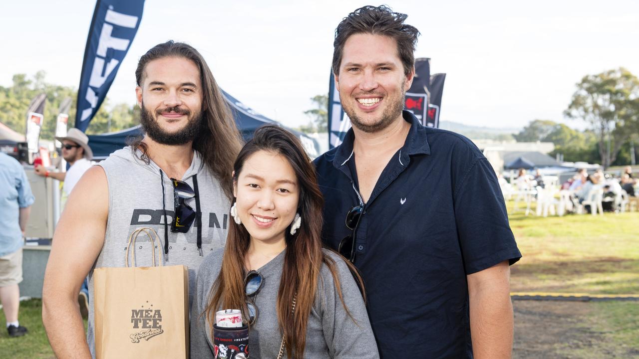 Naphat Panawaranun with Zack Truss (left) and Luke Truss at Meatstock at Toowoomba Showgrounds, Friday, April 8, 2022. Picture: Kevin Farmer