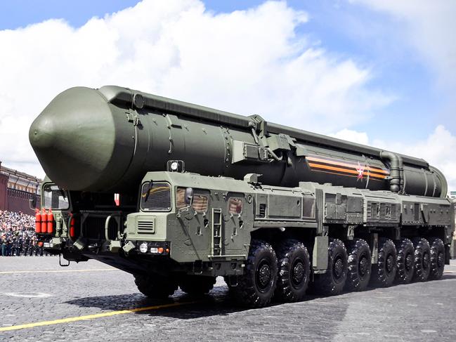 A Russian Yars intercontinental ballistic missile launcher parades through Red Square during the Victory Day military parade in central Moscow. Picture: AFP