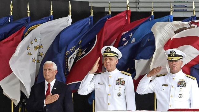 Commander of the US Indo-Pacific Command, Admiral Phil Davidson, centre, with Vice-President Mike Pence and Rear Admiral Jon Kreitz, in Hawaii in 2018. Picture: AFP