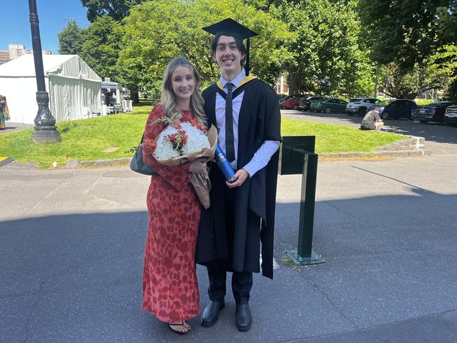 Dana Edwards and Hugo Groot (Master of Civil Engineering) at the University of Melbourne graduations held at the Royal Exhibition Building on Friday, December 13, 2024. Picture: Jack Colantuono