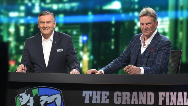 Eddie McGuire and Sam Newman at the Grand Final Footy Show in 2018. Picture: Channel 9