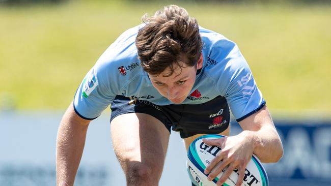 29/10/23. News Local, Sport.Sylvania Waters, NSW, Australia.U 16Ãs Rugby.Action pics from the NSW v Western Force under 16Ãs game at Forshaw Park in Sylvania Waters.TRYPic shows NSW player Tom Hartman scoresPicture: Julian Andrews