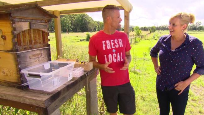 Pete Evans with his bee hive, where he collects around 10-20L of honey a year.