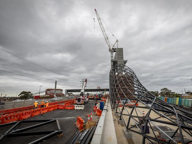 The new Melbourne landmarks will eventually be clad with an aluminium facade. Picture: Jake Nowakowski