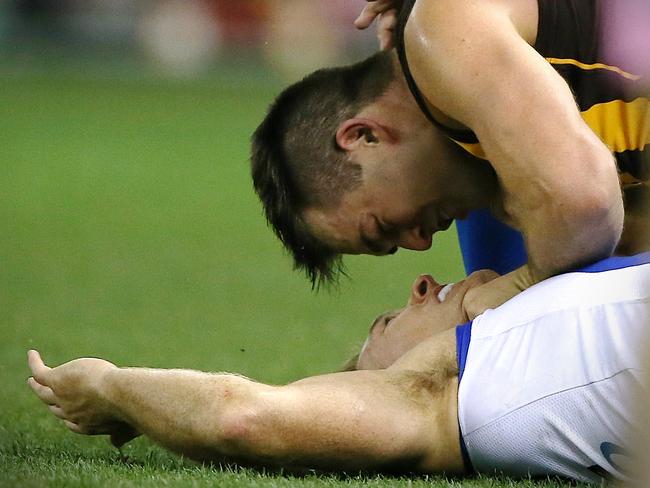 Brian Lake gets up close and personal with Drew Petrie. Picture: Wayne Ludbey