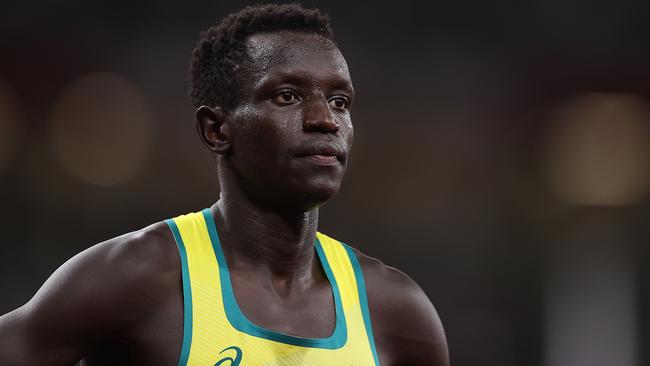 TOKYO, JAPAN - AUGUST 04: Peter Bol of Team Australia reacts after the Men's 800m Final on day twelve of the Tokyo 2020 Olympic Games at Olympic Stadium on August 04, 2021 in Tokyo, Japan. (Photo by Cameron Spencer/Getty Images)