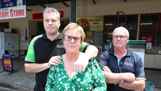 NowA Nowa General Store owners Jeremy, dad Greg, and mum Sandra are, concerned about Friday’s weather conditions. Picture: Alex Coppel.