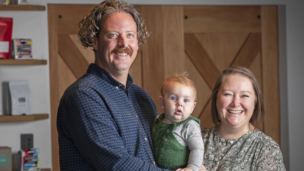 Ben McGregor with his wife Jess and son Kit (8mths) at Hobart. Picture: Chris Kidd