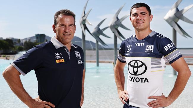 The North Queensland Cowboys have visited Cairns to launch their 30th anniversary jersey, which will be worn for the 2025 NRL season. North Queensland Cowboys 1995 season player Dean Schifilliti helps launch the club's 30 year jersey at the Cairns Esplanade lagoon with current player Jake Clifford. Picture: Brendan Radke