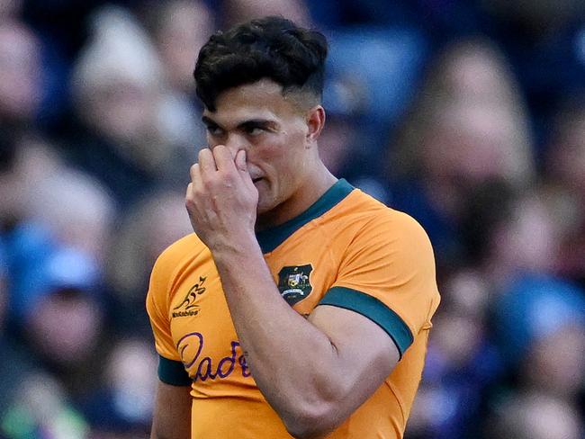 EDINBURGH, SCOTLAND - NOVEMBER 24: Joseph-Aukuso Suaalii of Australia reacts as he leaves the field following medical treatment after picking up an injury during the Autumn Nations Series 2024 match between Scotland and Australia at Scottish Gas Murrayfield on November 24, 2024 in Edinburgh, Scotland. (Photo by Stu Forster/Getty Images)