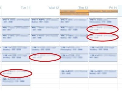 Student timetables reveal numerous classes, circled in red, where students were forced to learn content without a teacher. Picture: Supplied