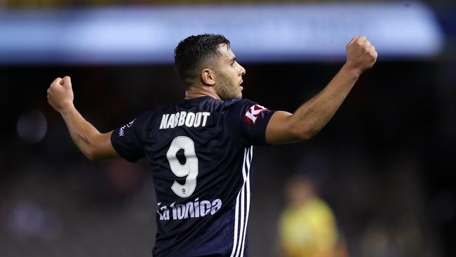 Andrew Nabbout of Melbourne Victory celebrates on the final whistle in a 1-2 win over Adelaide United at Marvel Stadium in Melbourne. Picture: AAP Image/George Salpigtidis