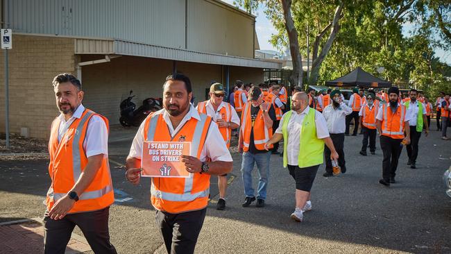 Bus drivers on strike at the Torrens Transit St Agnes Bus Depot, Monday, Jan. 9, 2023. Picture: Matt Loxton