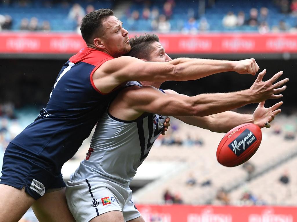 Steven May (left) was effectively Jesse Hogan’s replacement at Melbourne after the spearhead departed for Fremantle. Picture: AAP Image/Julian Smith