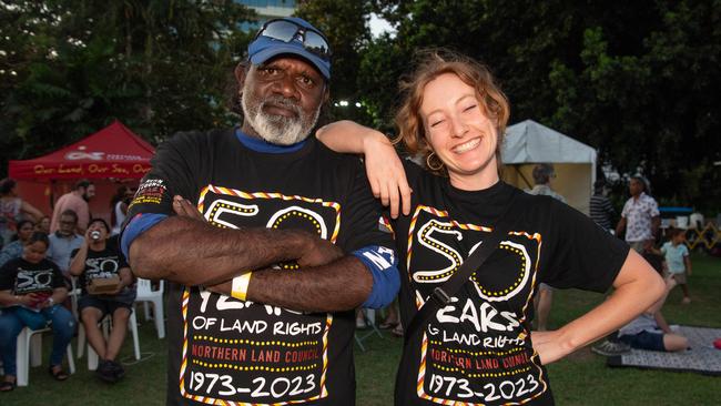 Michael Smiler and Aurelia Bulpit at the Northern Land Council 50 Year Anniversary Concert in State Square, Parliament House, Darwin. Picture: Pema Tamang Pakhrin