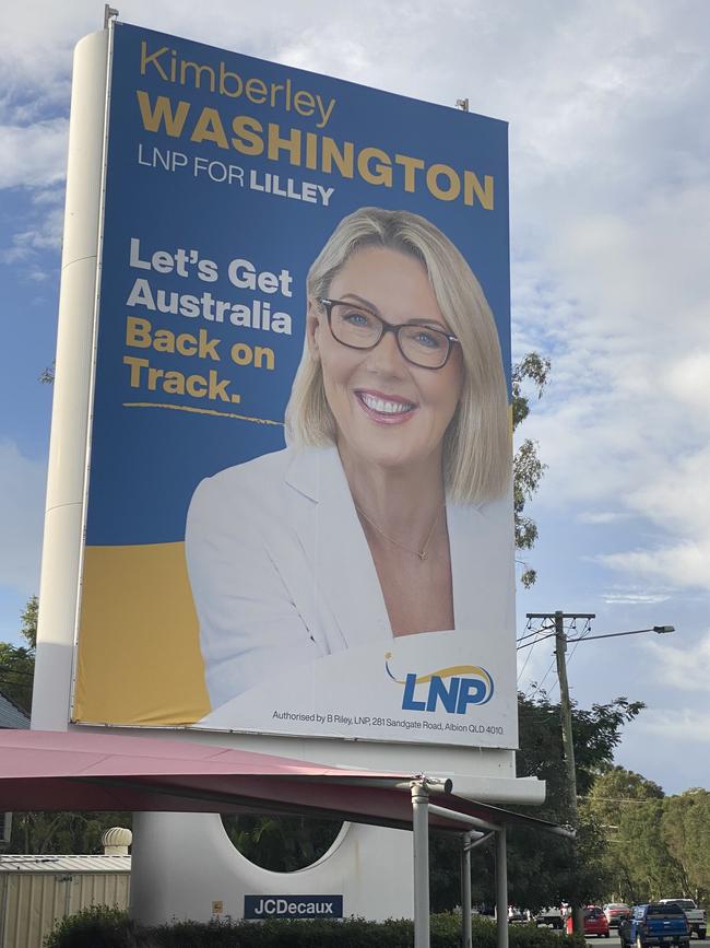 LNP candidate for Lilley Kimberley Washington's billboard. Picture: supplied.