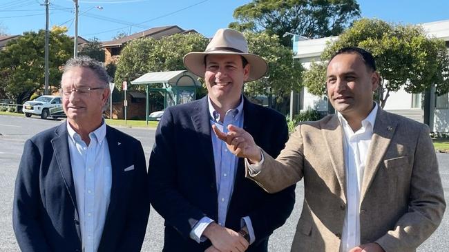 Coffs Harbour City Council mayor Paul Amos, Regional Roads Minister Sam Farraway and Coffs Harbour MP Gurmesh Singh at Harbour Drive on July 26, 2022. Picture: Chris Knight