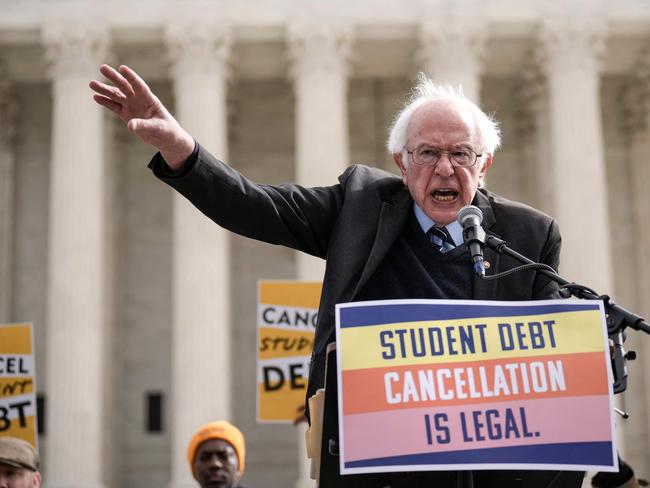 WASHINGTON, DC - FEBRUARY 28: Sen. Bernie Sanders (I-VT) speaks during a rally in support of the Biden administration's student debt relief plan in front of the U.S. Supreme Court on February 28, 2023 in Washington, DC. This morning, the U.S. Supreme Court will hear oral arguments in two cases challenging President Joe Biden's student loan debt forgiveness program, which remains on hold after a lower court blocked the plan in November. The two cases Biden v. Nebraska and Department of Education v. Brown, could decide the fate of the program that aims to forgive an estimated $400 billion in student debt for 26 million borrowers.Â   Drew Angerer/Getty Images/AFP (Photo by Drew Angerer / GETTY IMAGES NORTH AMERICA / Getty Images via AFP)