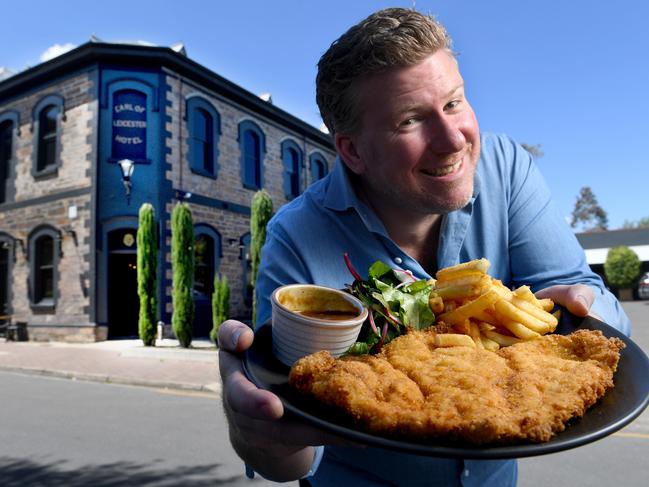 Earl of Leicester at Parkside has won the vote of the best schnitzel in Adelaide - getting almost 20 per cent of the 1200 votes. Publican Piers Schmidt with winning schnitty, on the 28th October, 2020. Picture: Tricia Watkinson