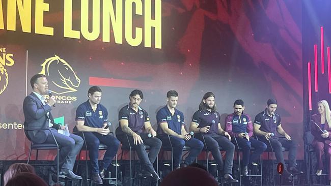 Brisbane Lions and Brisbane Broncos players on stage at the inaugural Brisbane lunch.