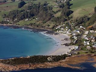  Saturday Magazine Tassie Towns, Boat Harbour, North-West, Tasmania, an aerial view of the beach, houses and shacks 