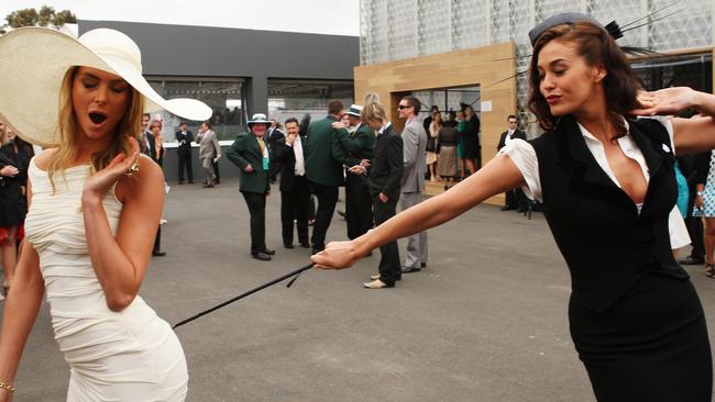 Myer ambassador Jennifer Hawkins and David Jones ambassador Megan Gale inside The Birdcage.