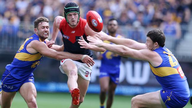 Angus Brayshaw gets a kick away under pressure. Picture: Michael Klein