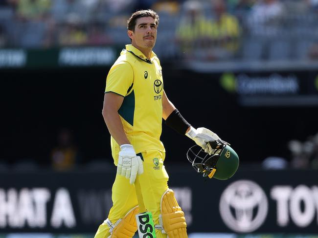 PERTH, AUSTRALIA - NOVEMBER 10: Sean Abbott of Australia walks from the field after being dismissed during game three of the Men's ODI series between Australia and Pakistan at Perth Stadium on November 10, 2024 in Perth, Australia. (Photo by Paul Kane/Getty Images)