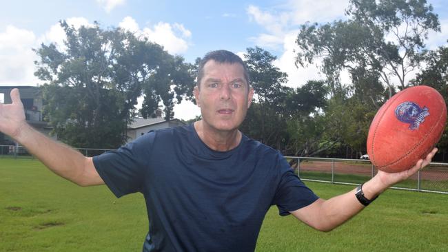 Rapid Creek resident Dane Hirst was disgruntled after the goalposts at Nightcliff Oval were removed ahead of the Darwin Cricket season. Picture: Nathaniel Chambers