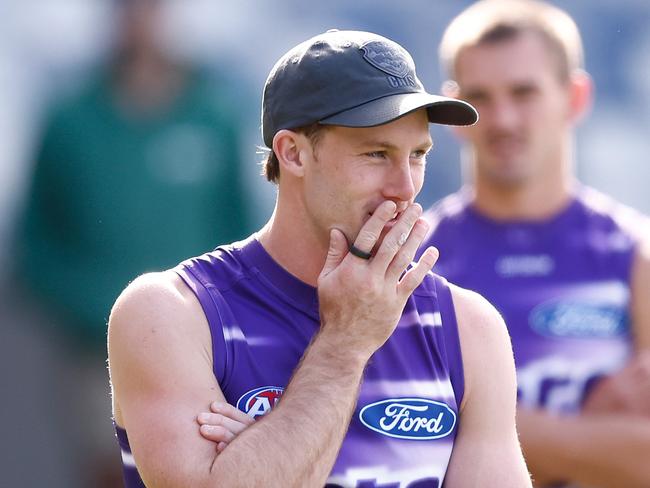 GEELONG, AUSTRALIA - MARCH 26: Jed Bews of the Cats looks on during the Geelong Cats training session at GMHBA Stadium on March 26, 2024 in Geelong, Australia. (Photo by Michael Willson/AFL Photos via Getty Images)