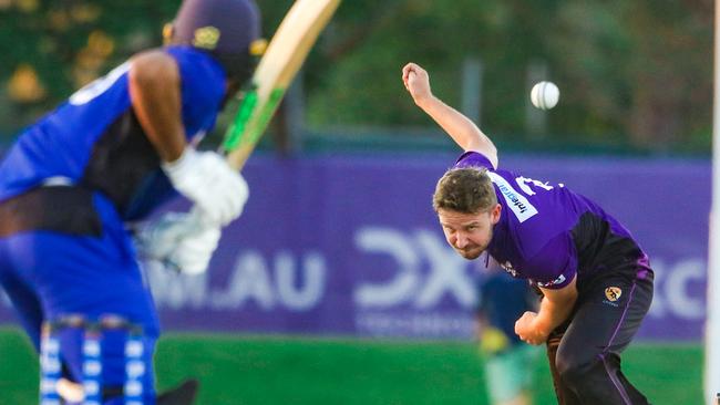 The Storm’s Kyle Scrimegour bowls to Northern Tide’s Jason Sangha in their T20 Strike League clash in Darwin. Picture: Glenn Campbell