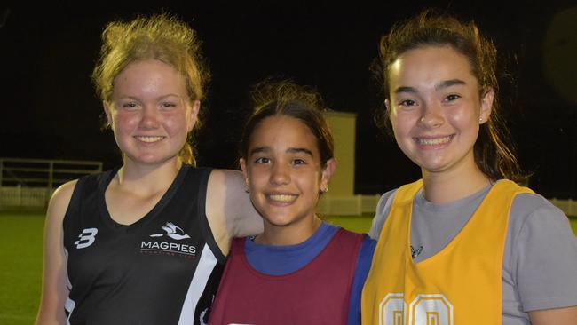 Abbey Williams, Zoe Goodes-Stibbards and Imogen Paul at the Magpies Netball Club 2022 season launch, Saturday, March 19, 2022. Picture: Tara Miko