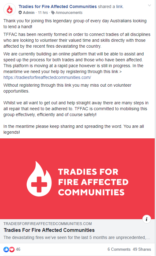 Tradies are banding together to help rebuild bushfire affected communities. Picture: Facebook page.