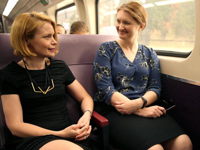 Lapstone commuters Kim Hoven (left) and Elizabeth Rigg ride the Blue Mountains express train to Central. Picture: AAP Image/ Justin Sanson