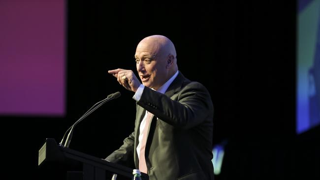 AGL chief exectuive Andy Vesey addresses QUT business leaders forum about corporate leadership and energy policy. Pic Mark Cranitch.