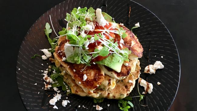 Butcher Baker Coffeemaker, Woody Point, Redcliffe, Zucchini and Corn Fritter Stack. Picture: Belinda Seeney