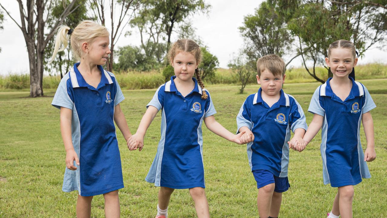 MY FIRST YEAR 2024: Emu Creek State School Prep students Marnie, Lena, Noah and Madison, Thursday, February 15, 2024. Picture: Kevin Farmer