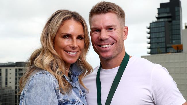 Candice and David Warner at Melbourne’s The Olson in February. Picture: Kelly Defina/Getty Images