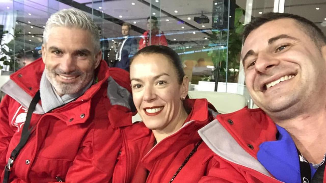 Melissa Caddick with retired soccer player Craig Foster (left) and her husband Anthony Koletti. There is no suggestion Mr Koletti had anything to do with his wife’s business dealings. Picture: Faceboo