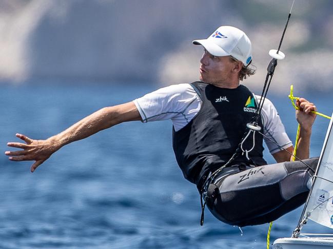 MARSEILLE, FRANCE - JULY 09: Conor Nicholas representing AUS 470 Mixed competes during day one of the Paris 2024 Sailing Test Event at Marseille Marina on July 09, 2023 in Marseille, France. (Photo by Lloyd Images/Getty Images)