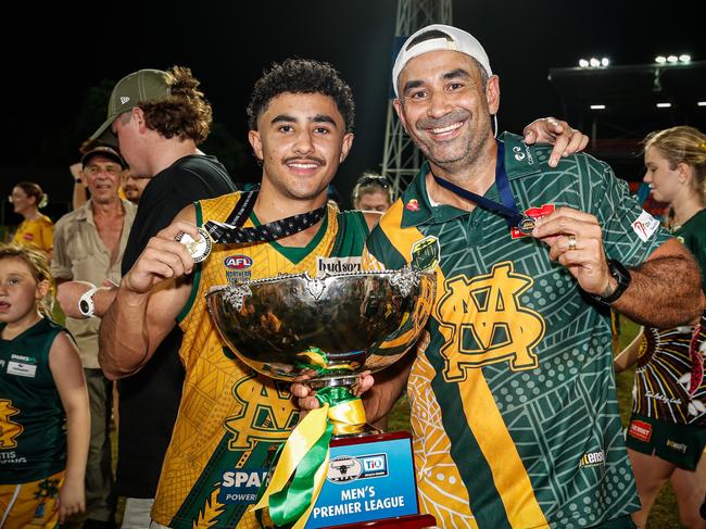 Anthony Vallejo and Xavier Vallejo following the St Mary's 2023-24 NTFL premiership win. Picture: Celina Whan / AFLNT Media