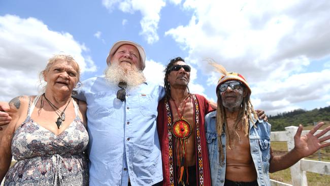 Aunty Robine Kay, Bundjalung elders council chair and North Lismore Plateau Protection Association’s Mickey Ryan, Lewis Walker and Robert Corowa protest plateau development.