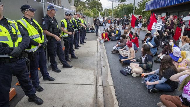 Protesters and police face off at the Kangaroo Point Central Hotel in June. Picture: Glenn Hunt/AAP