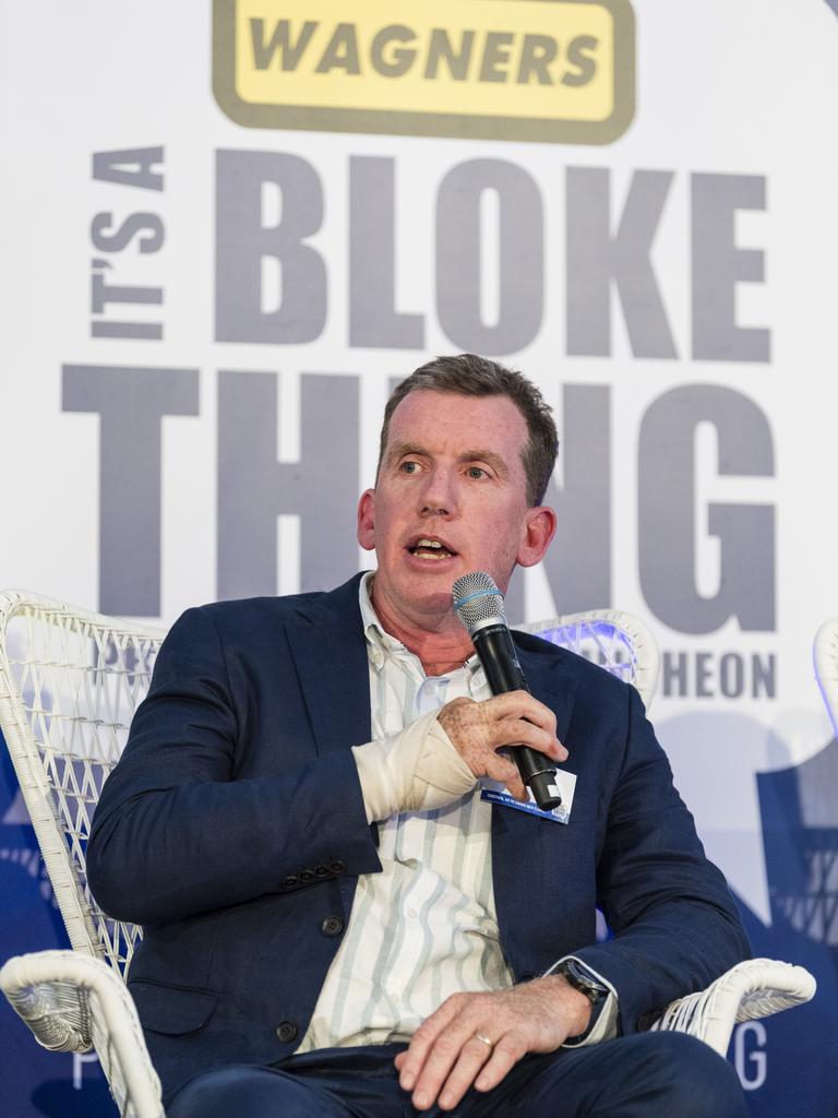 Tim O'Neill on stage during a panel discussion at It's A Bloke Thing 2023 at Wellcamp Airport, Friday, August 18, 2023. Picture: Kevin Farmer