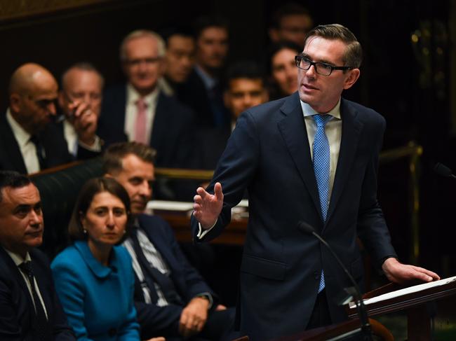 NSW Treasurer Dominic Perrottet handing down the state budget at NSW Parliament House on Tuesday, June 18. Picture: Dean Lewins