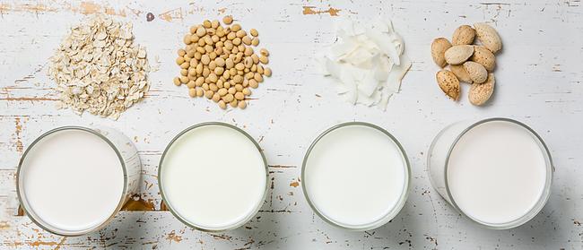 Non dairy milk alternatives include oat, soy, coconut and almond milk.